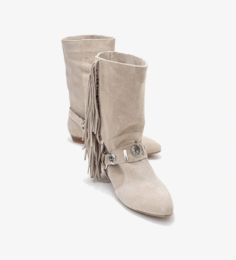 SELORA Bej Süet Püsküllü Hakiki Deri Tokalı Kadın Western Bot - Görsel 1