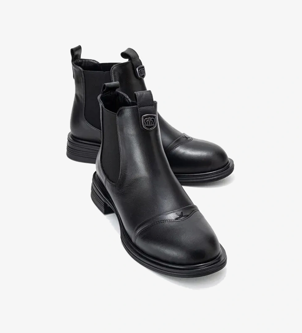 SIDNEY Siyah Cilt Hakiki Deri Tokalı Lastikli Kadın Chelsea Bot - Görsel 1