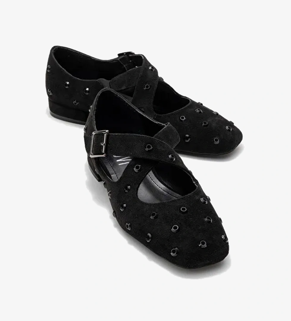 ADDISON Siyah Süet Taşlı Çapraz Bantlı Kadın Babet Ayakkabı - Görsel 1