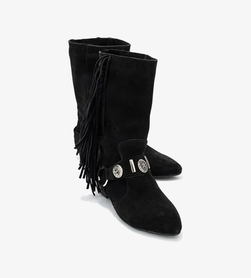 SELORA Siyah Süet Püsküllü Hakiki Deri Tokalı Kadın Western Bot - Görsel 1