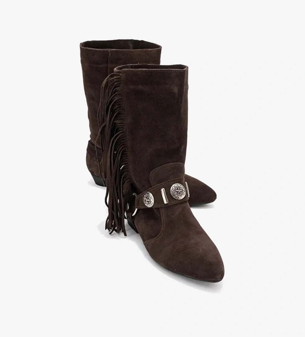 SELORA Kahverengi Süet Püsküllü Hakiki Deri Tokalı Kadın Western Bot - Görsel 1