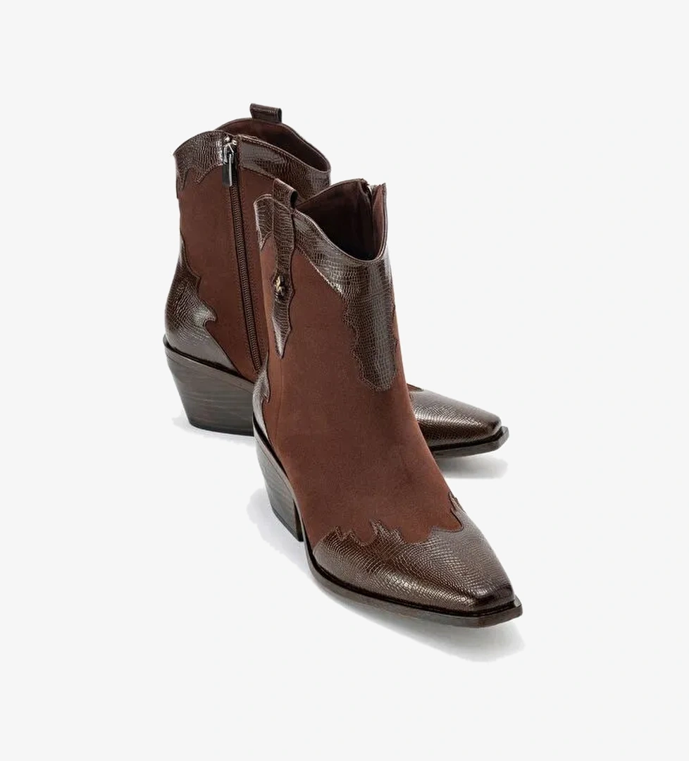 LOEL Kahverengi Süet Kahverengi Desenli Kadın Kalın Topuklu Western Bot - Görsel 1