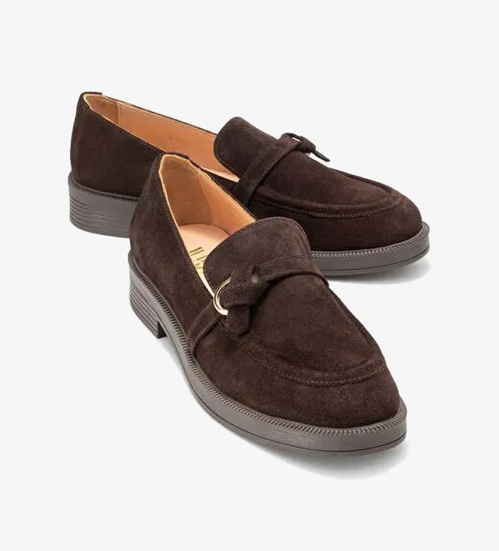 GALEA Kahverengi Süet Tokalı Hakiki Deri Kadın Loafer Ayakkabı - Görsel 1
