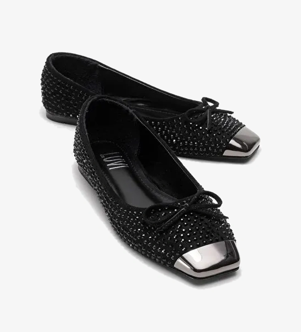 ABRA Siyah Süet Taşlı Fiyonklu Kadın Babet Ayakkabı - Görsel 1