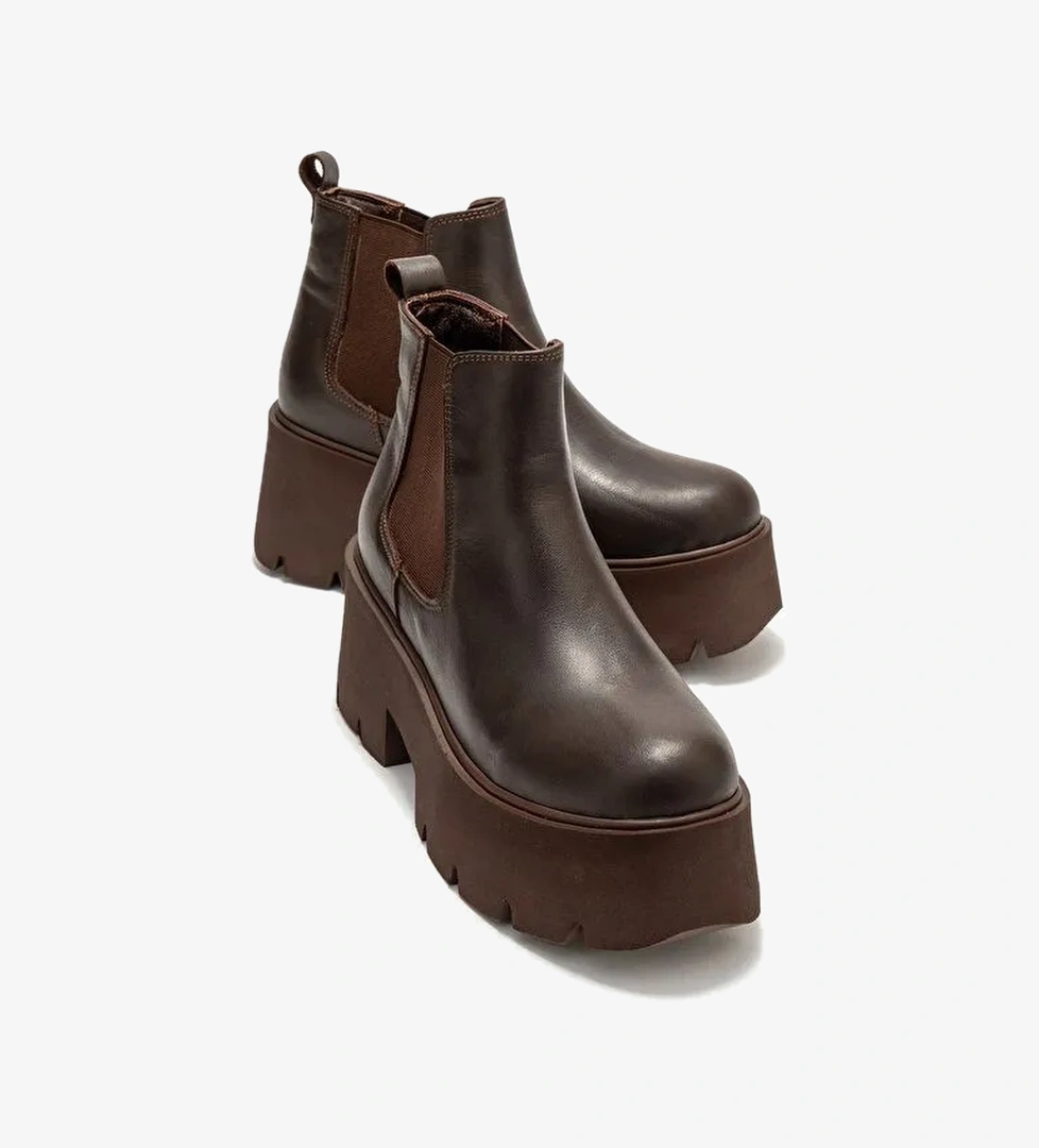 CLEN Kahverengi Cilt Hakiki Deri Lastikli Kadın Kalın Tabanlı Bot - Görsel 1