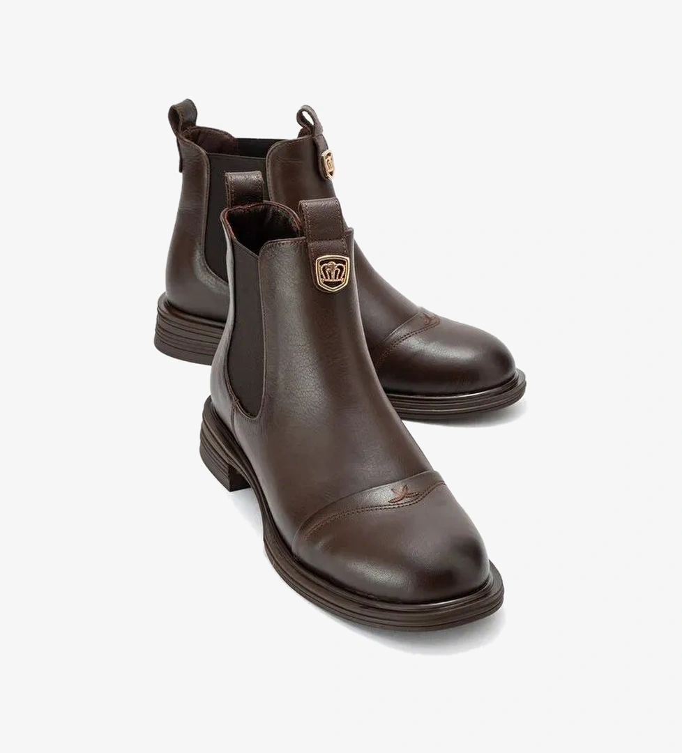 SIDNEY Kahverengi Cilt Hakiki Deri Tokalı Lastikli Kadın Chelsea Bot - Görsel 1