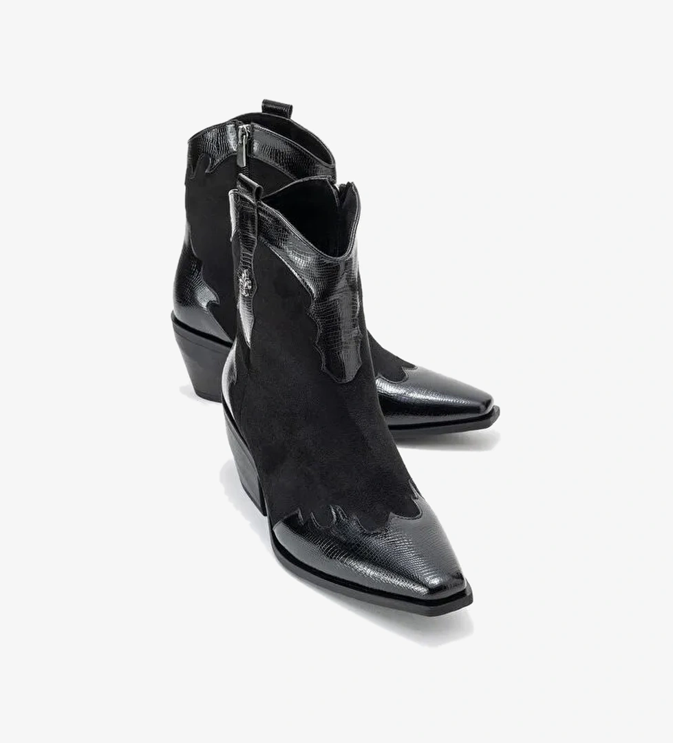 LOEL Siyah Süet Siyah Desenli Kadın Kalın Topuklu Western Bot - Görsel 1