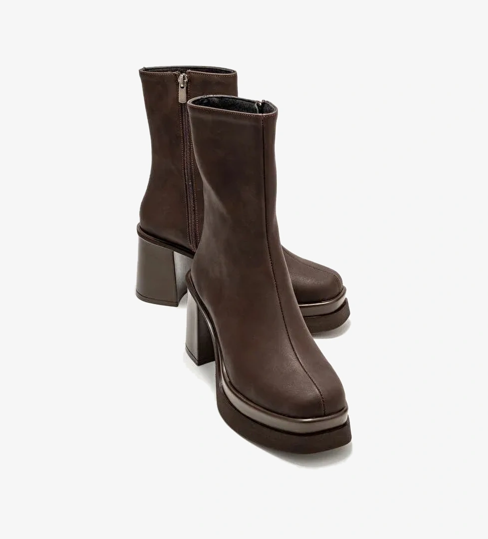 VALEN Kahverengi Nubuk Kadın Platform Topuklu Bot - Görsel 1