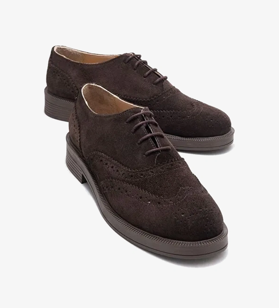 AVRA Kahverengi Süet Hakiki Deri Kadın Oxford Ayakkabı - Görsel 1