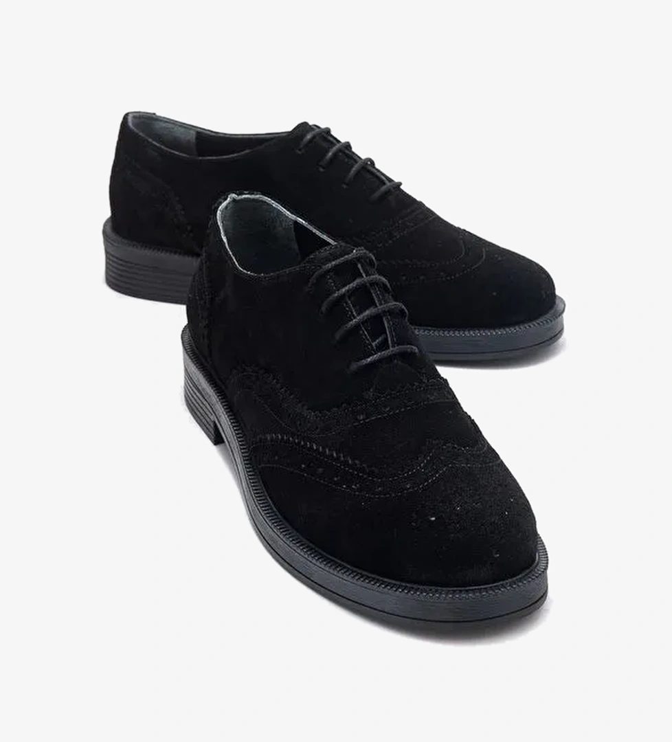AVRA Siyah Süet Hakiki Deri Kadın Oxford Ayakkabı - Görsel 1