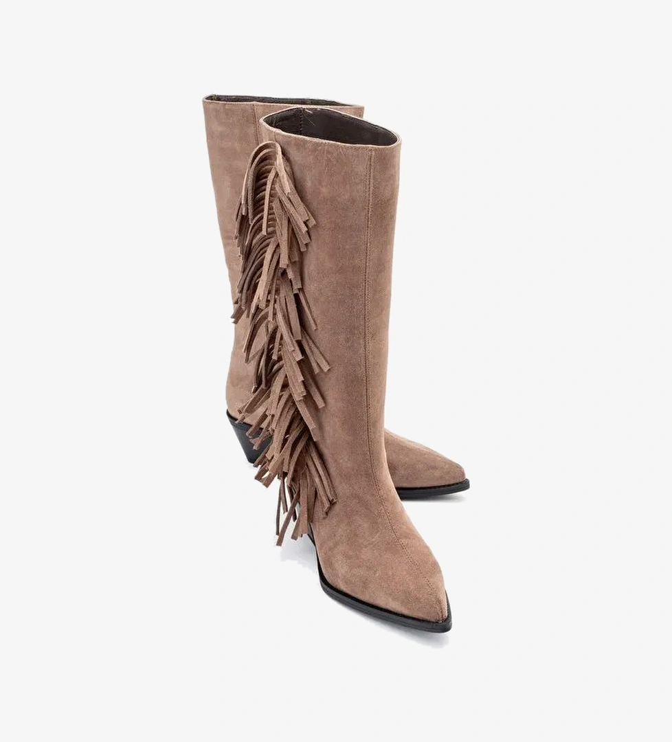 ORLO Toprak Süet Hakiki Deri Püsküllü Kadın Western Çizme - Görsel 1