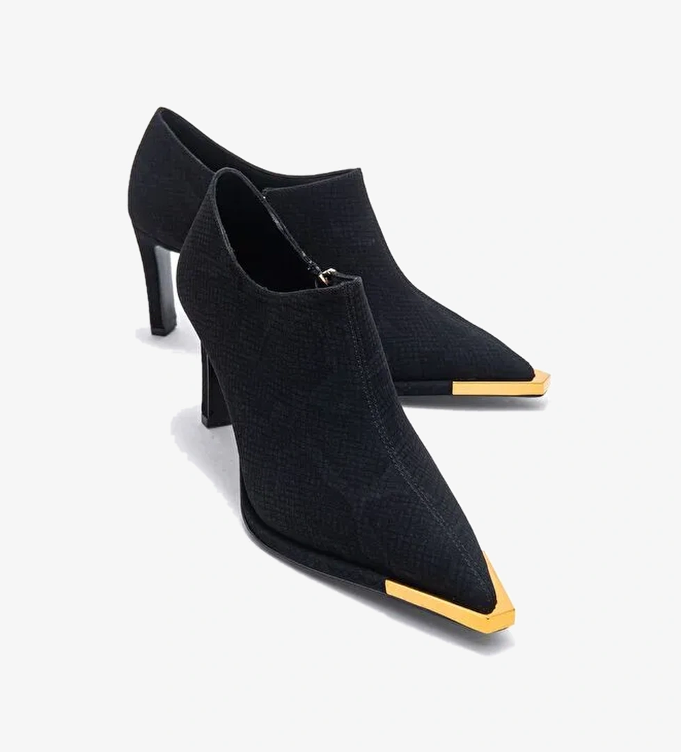 SONA Siyah Desenli Altın Detaylı Fermuarlı Kadın Bilekte Topuklu Ayakkabı - Görsel 1