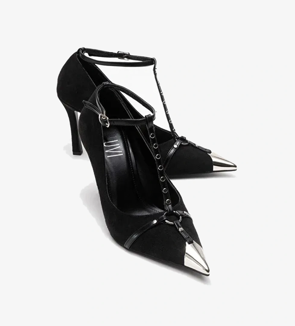 JULIANA Siyah Süet Trok Kemerli Kadın Metalik Burunlu Topuklu Ayakkabı - Görsel 1