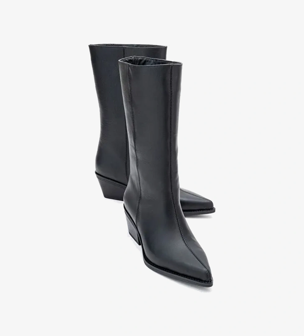 JUANA Siyah Cilt Hakiki Deri Sivri Burunlu Kadın Çizme - Görsel 1
