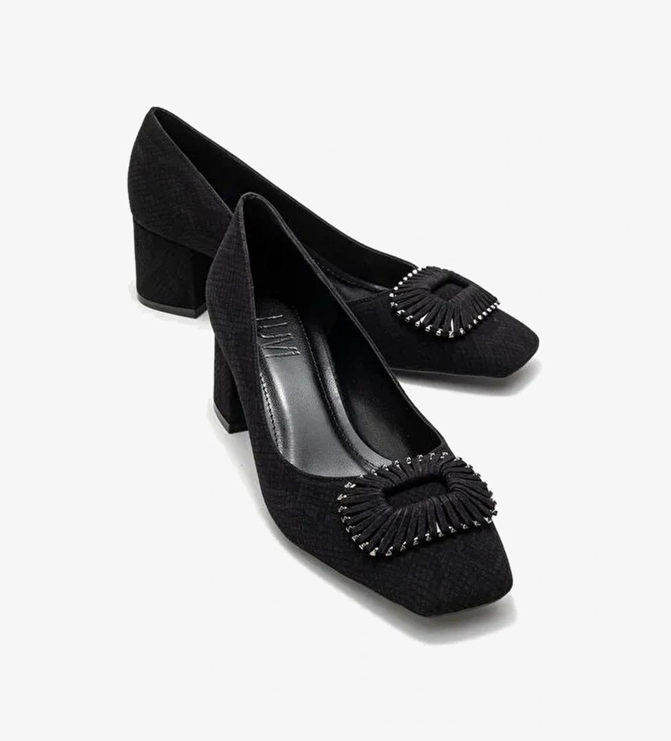 VELORA Siyah Desenli Tokalı Kadın Kalın Topuklu Ayakkabı - Görsel 1