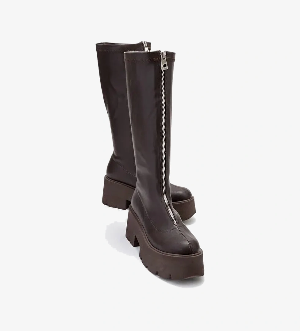 AMARONTE Kahverengi Streç Kalın Taban Kadın Çizme - Görsel 1