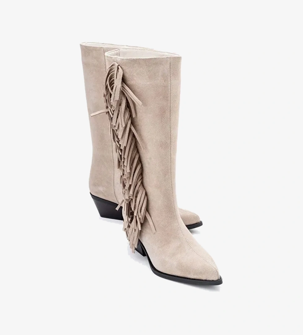 ORLO Bej Süet Hakiki Deri Püsküllü Kadın Western Çizme - Görsel 1