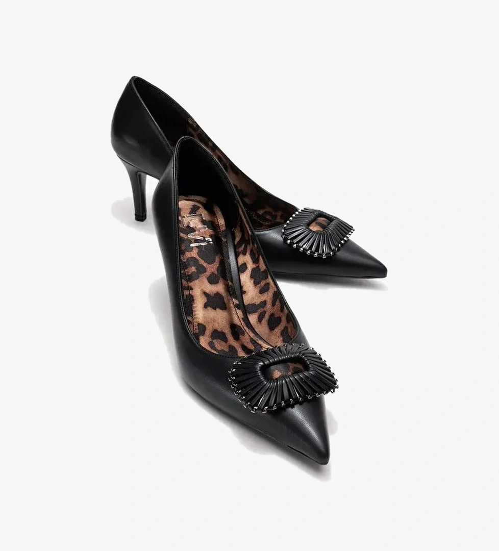 GREAT Siyah-Siyah Desenli Tokalı Kadın Topuklu Ayakkabı - Görsel 1