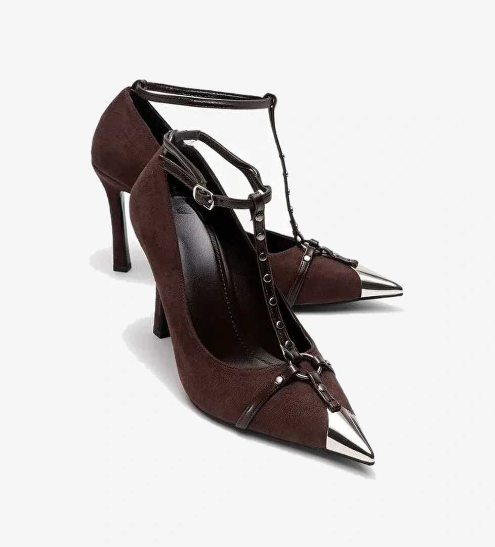 JULIANA Kahverengi Süet Trok Kemerli Kadın Metalik Burunlu Topuklu Ayakkabı - Görsel 1