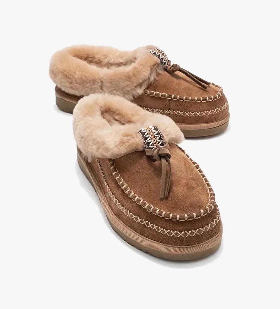 NORIEL Toprak Süet Hakiki Deri Dikişli Kürklü Kadın Makosen Terlik - Görsel 1