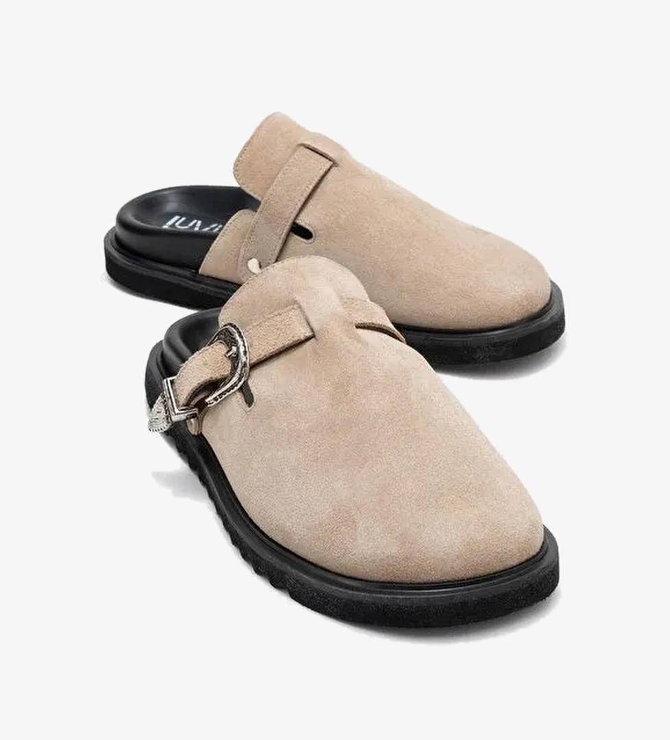 VESTA Bej Süet Tokalı Hakiki Deri Kadın Burnu Kapalı Terlik - Görsel 1