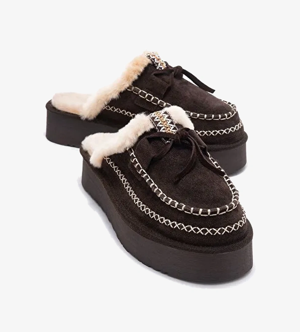 YALINA Kahverengi Süet Hakiki Deri Dikişli Kürklü Kadın Platform Tabanlı Makosen Terlik - Görsel 1