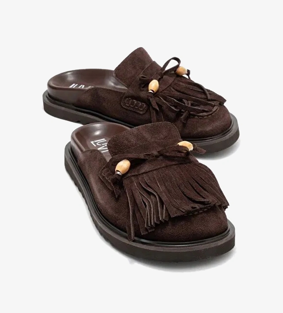 CAROL Kahverengi Süet Püsküllü Hakiki Deri Kadın Burnu Kapalı Terlik - Görsel 1