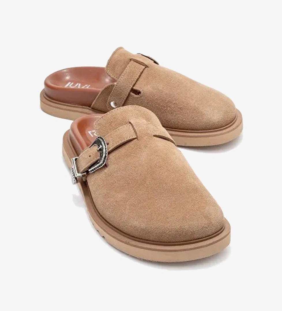 VESTA Toprak Süet Tokalı Hakiki Deri Kadın Burnu Kapalı Terlik - Görsel 1