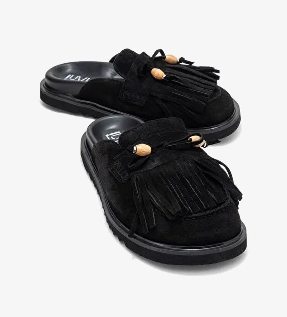 CAROL Siyah Süet Püsküllü Hakiki Deri Kadın Burnu Kapalı Terlik - Görsel 1