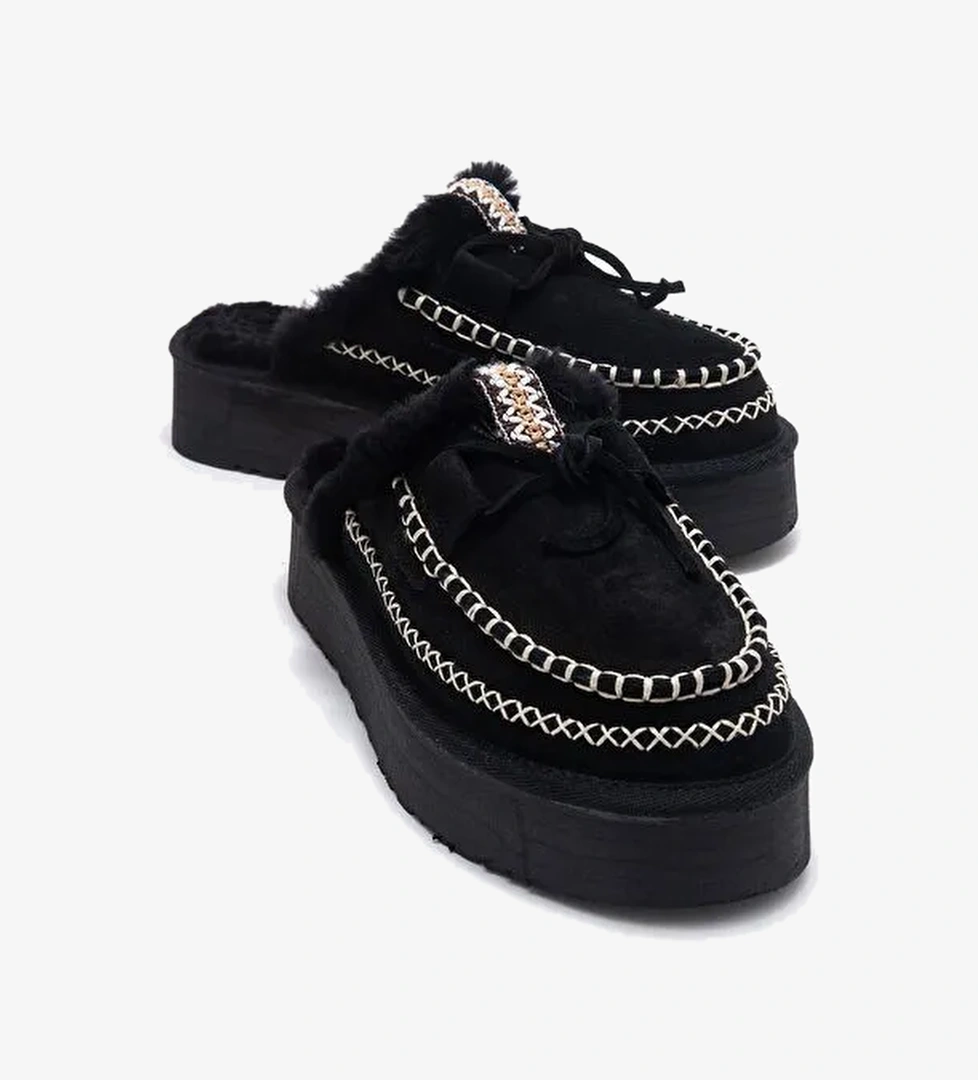 YALINA Siyah Süet Hakiki Deri Dikişli Kürklü Kadın Platform Tabanlı Makosen Terlik - Görsel 1