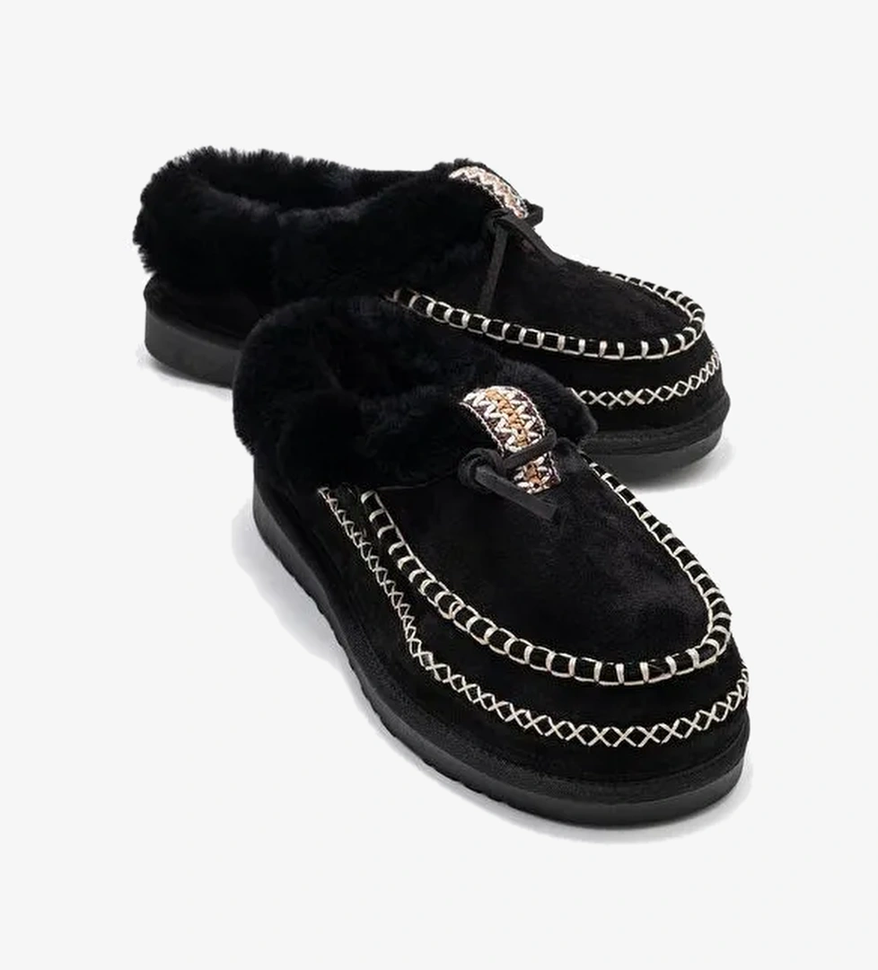NORIEL Siyah Süet Hakiki Deri Dikişli Kürklü Kadın Makosen Terlik - Görsel 1