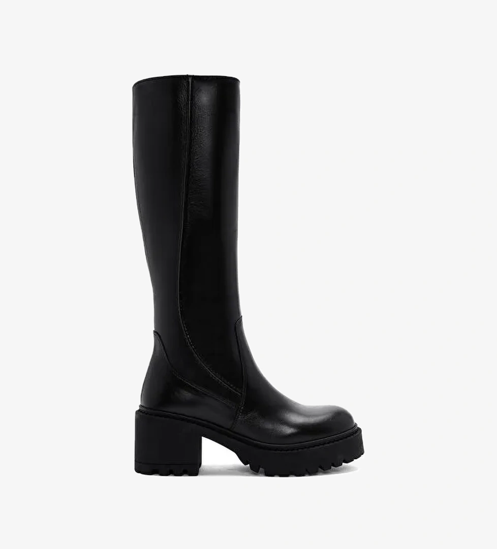 Kadın Siyah Fermuarlı Kalın Topuklu Deri Çizme 25WFD510618 - Görsel 1