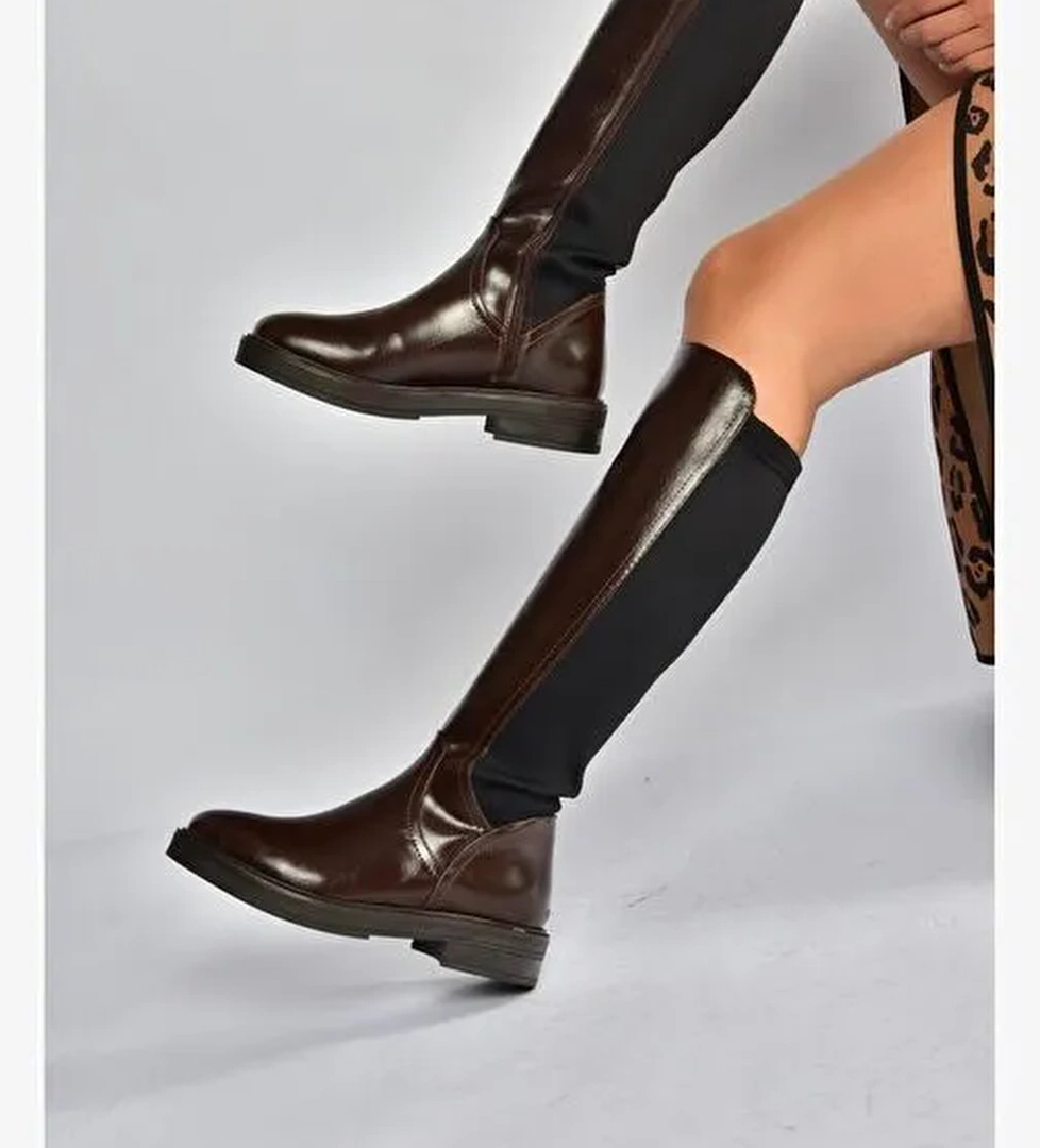 V312212360 Kahverengi Rustik Arkası Lastik Detaylı Kadın Çizme - Görsel 1