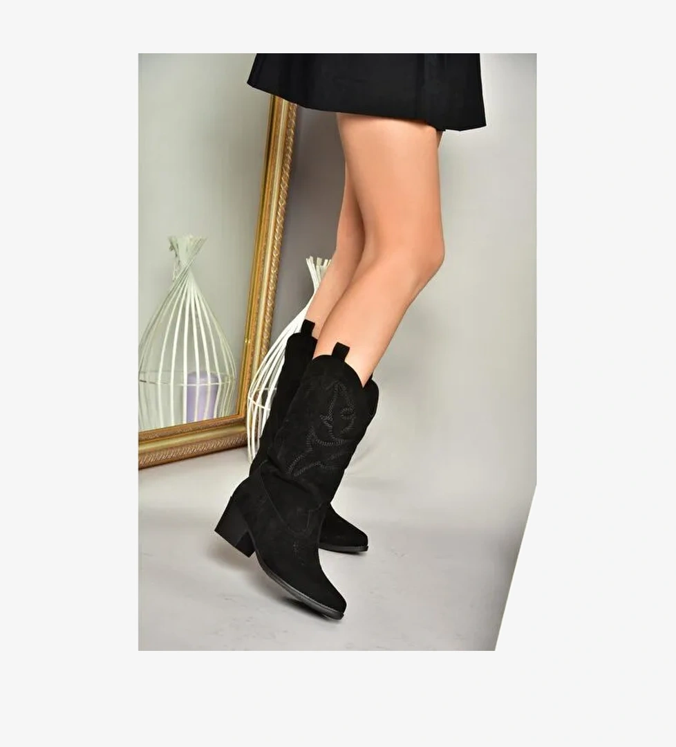 T820088702 Siyah Süet Kovboy Model Kadın Çizme - Görsel 1