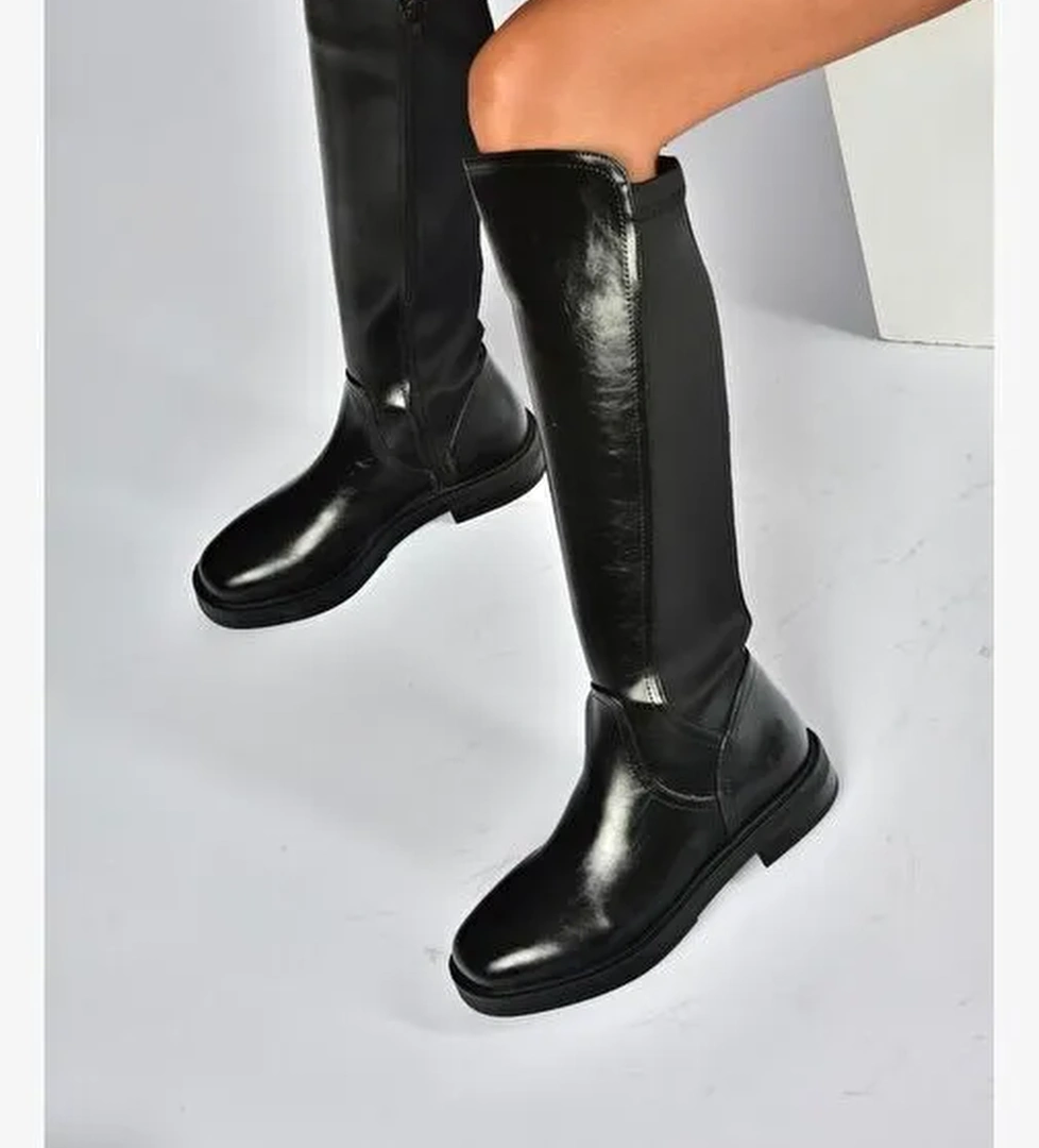 V312212360 Siyah Rustik Arkası Lastik Detaylı Kadın Çizme - Görsel 1