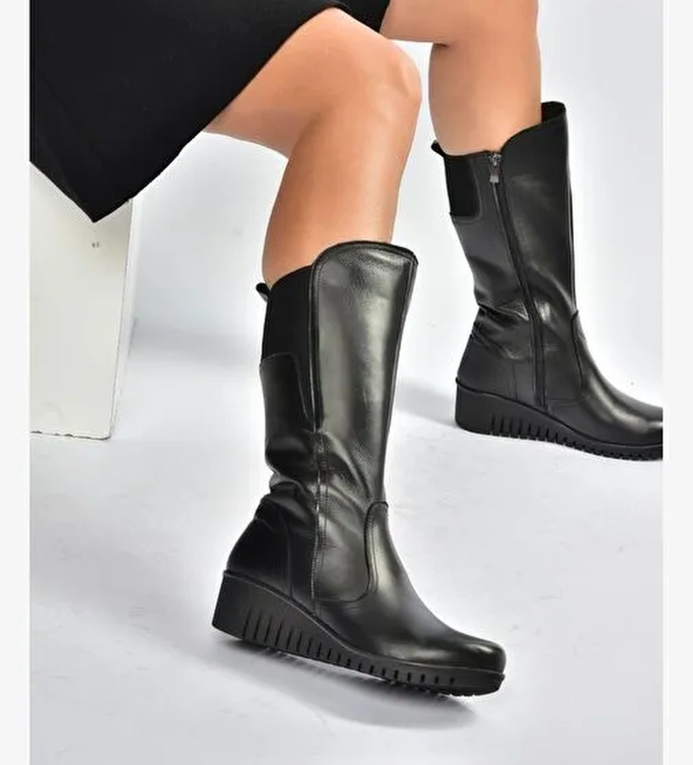 V324200803 Siyah Hakiki Deri Klasik Kadın Çizme - Görsel 1