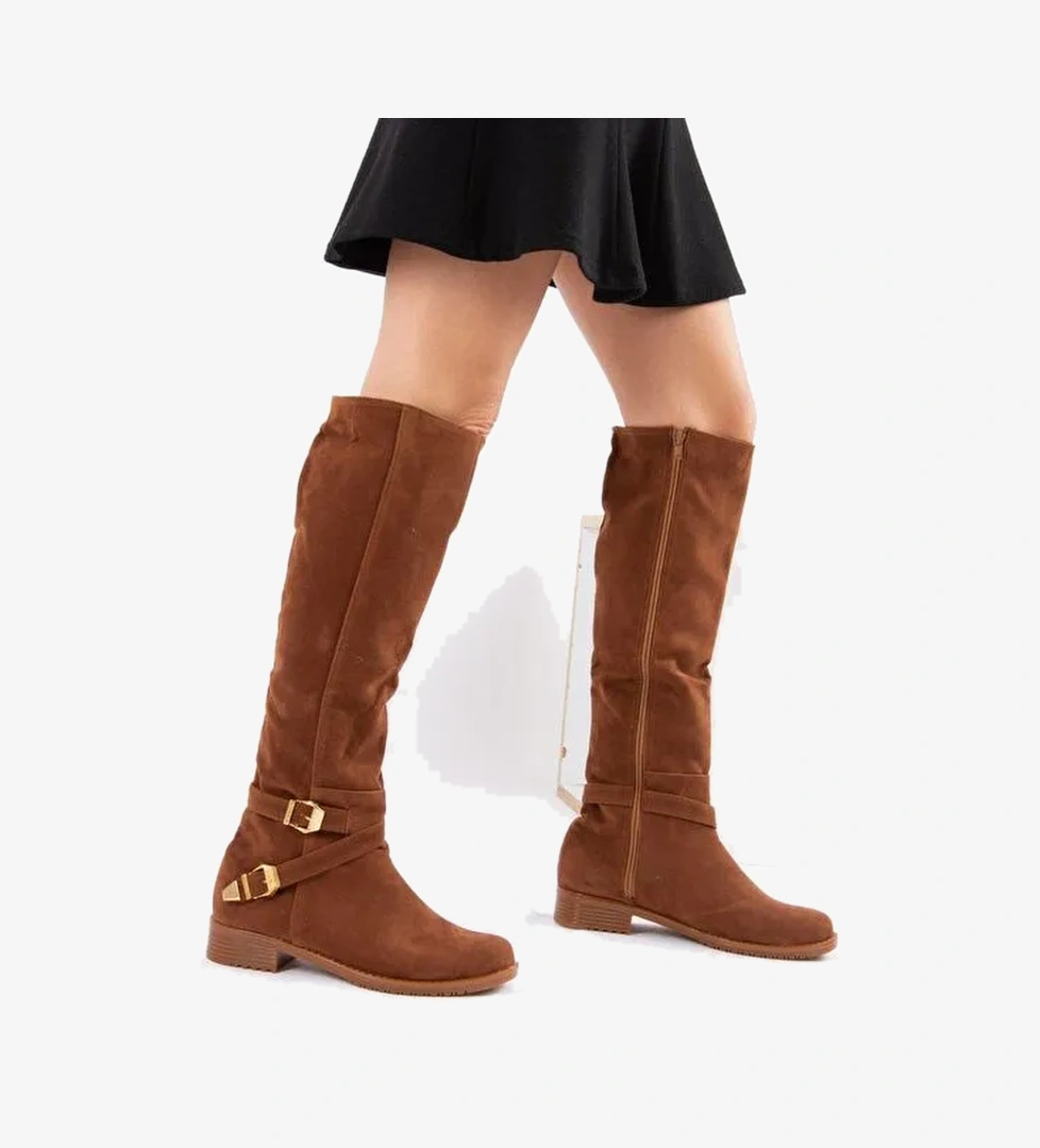 E726203402 Taba/Altın Süet Alçak Topuklu Kadın Çizme - Görsel 1