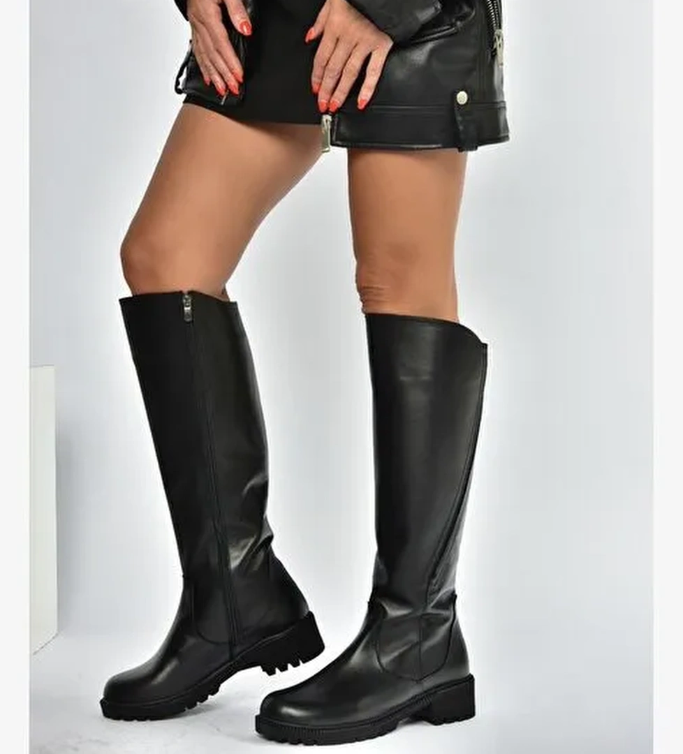 V654082203 Siyah Hakiki Deri Kadın Çizme - Görsel 1