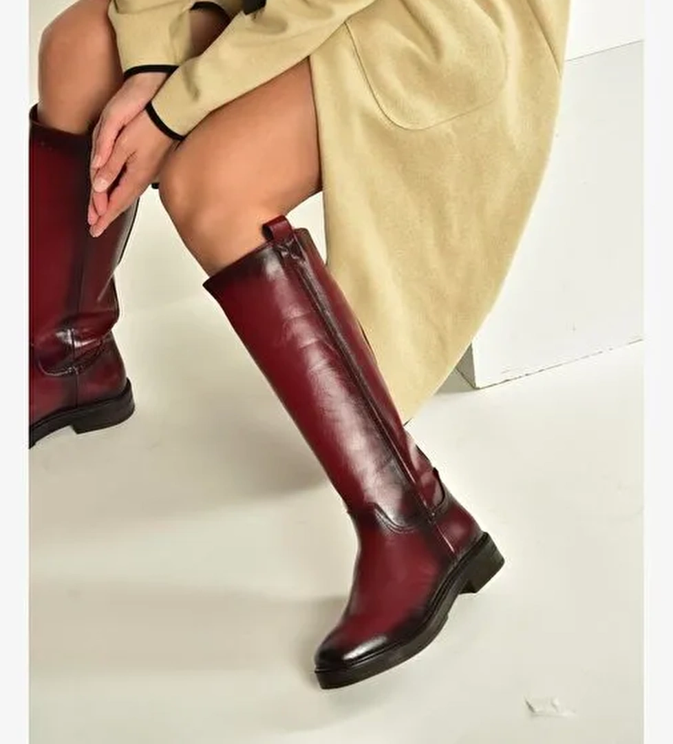 V312513560 Bordo Rustik Alçak Topuklu Kadın Çizme - Görsel 1