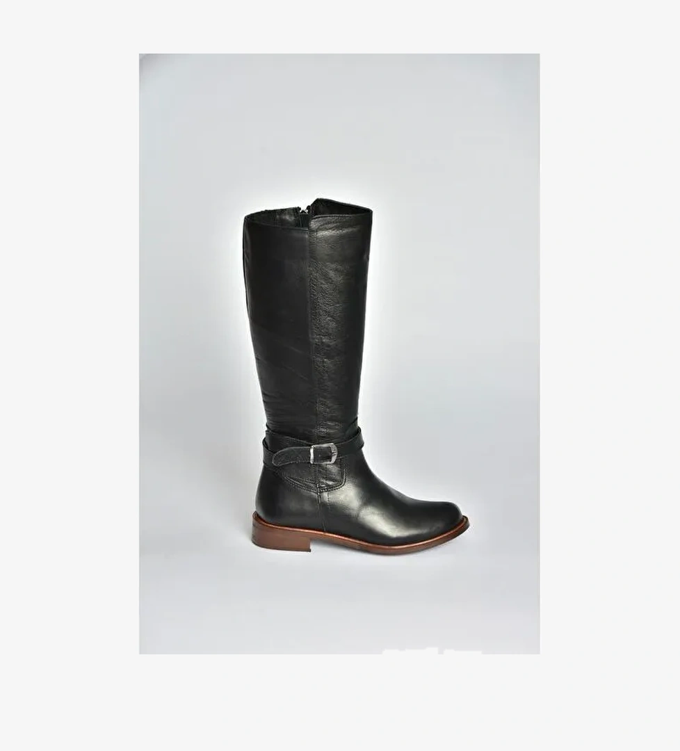 V398750603 Siyah Hakiki Deri Alçak Tabanlı Kadın Çizme - Görsel 1