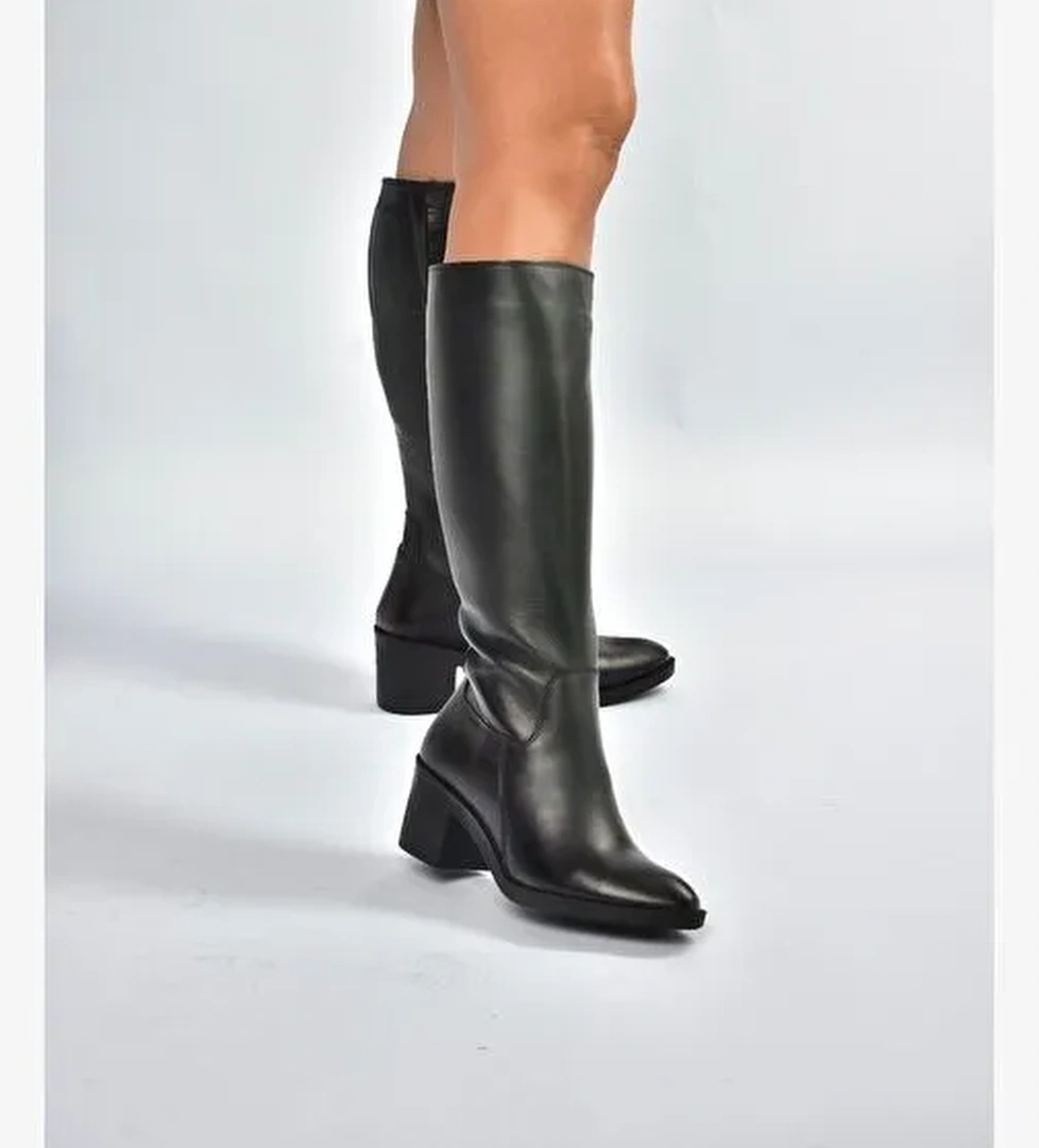 V398763203 Siyah Hakiki Deri Kalın Topuklu Kadın Çizme - Görsel 1