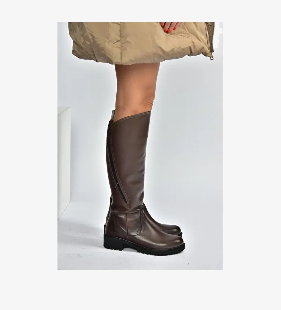 V654082203 Kahverengi Hakiki Deri Kadın Çizme - Görsel 1