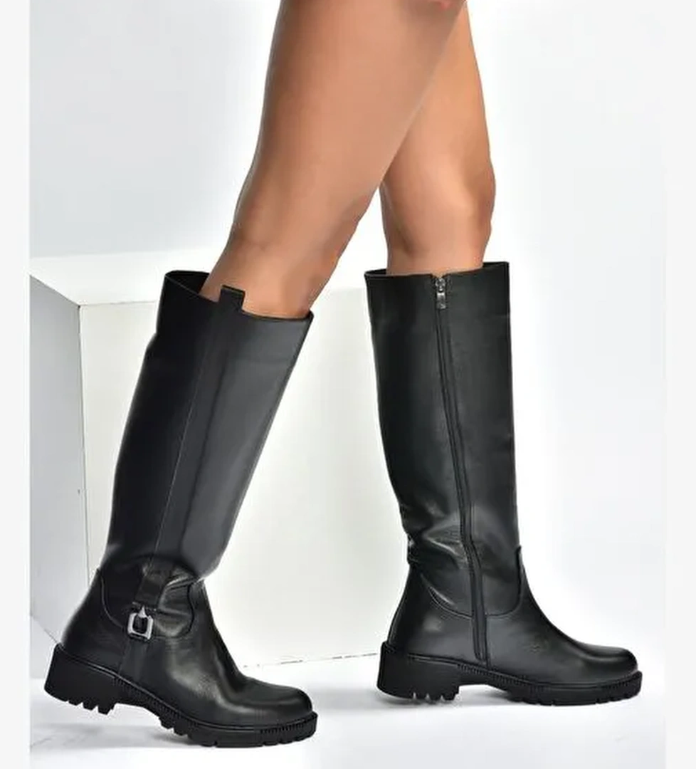V654070503 Siyah Hakiki Deri Kadın Çizme - Görsel 1