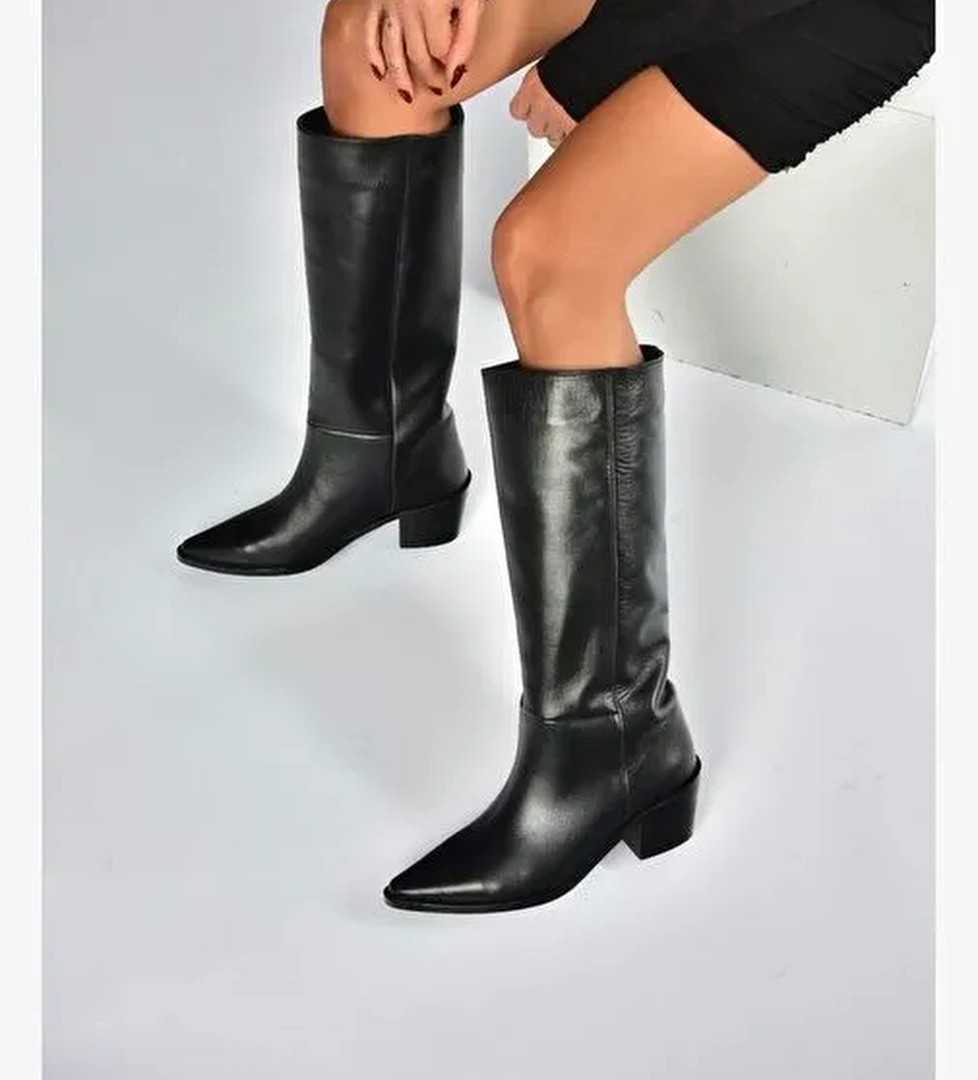 V654082103 Siyah Hakiki Deri Kalın Topuklu Kadın Çizme - Görsel 1
