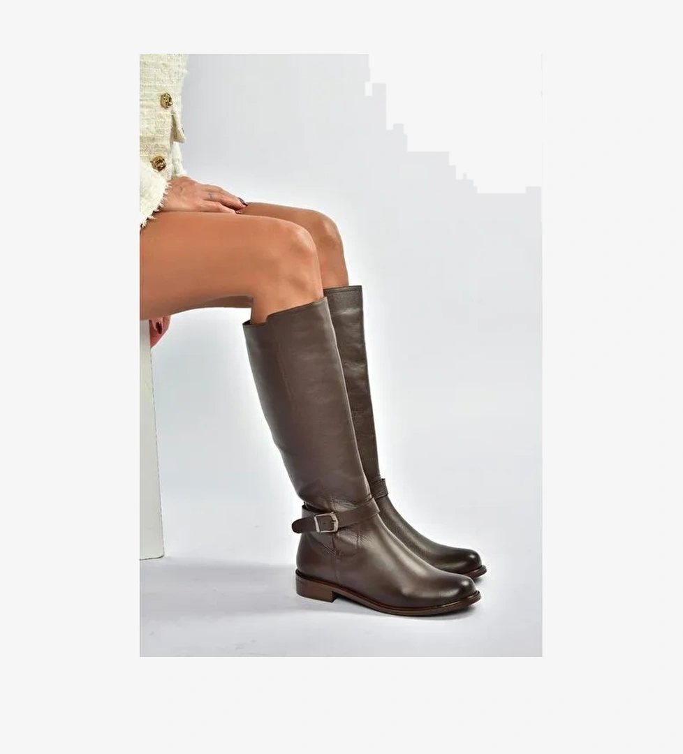 V398750603 Kahverengi Hakiki Deri Alçak Tabanlı Kadın Çizme - Görsel 1