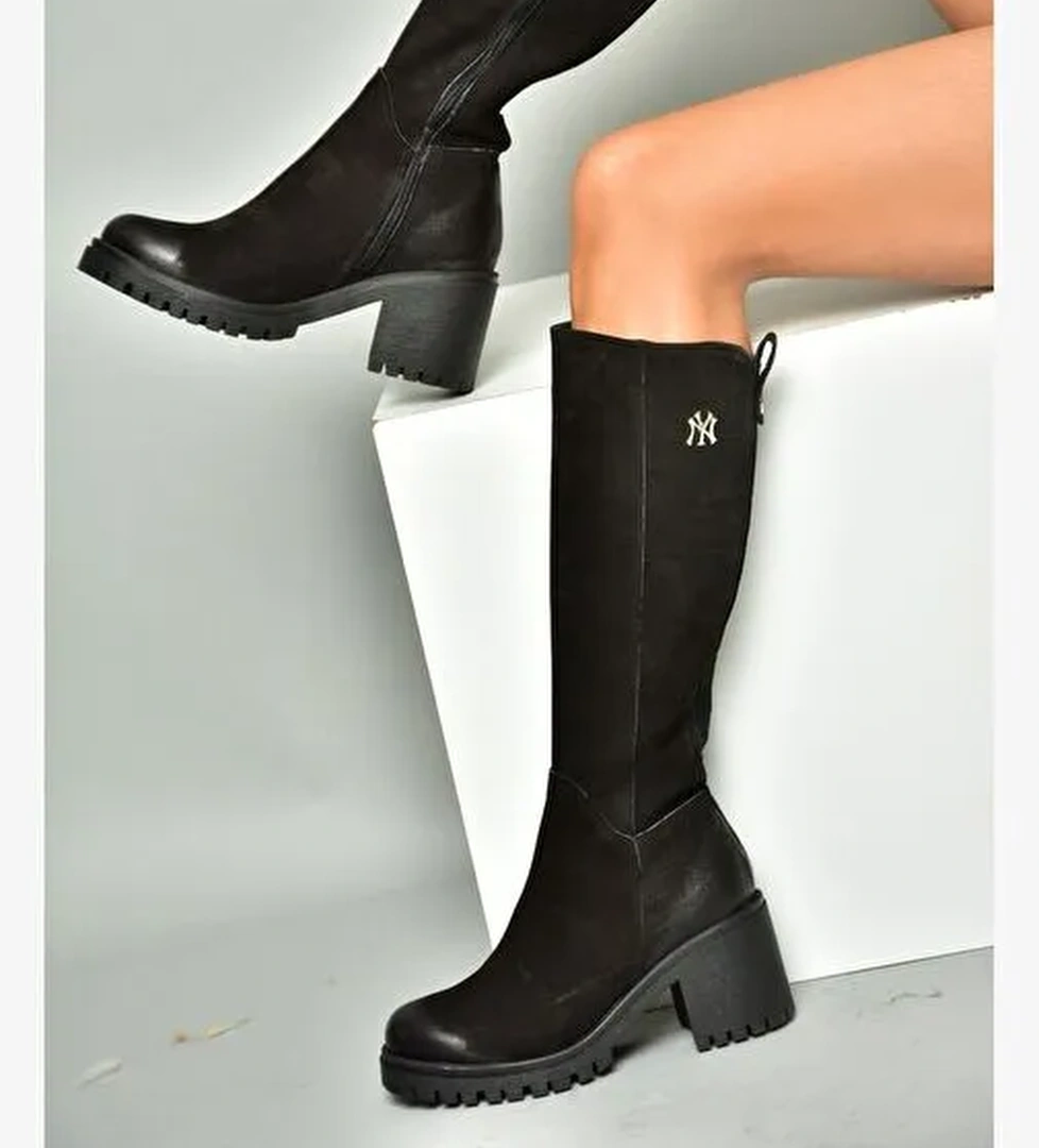 R654034003 Siyah Hakiki Deri Kalın Topuklu Kadın Çizme - Görsel 1