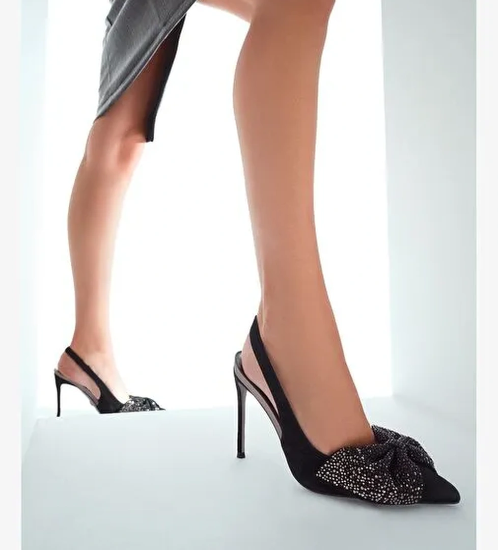Kadın Siyah Arkası Açık Taşlı İnce Yüksek Topuklu Süet Deri Ayakkabı 25WFD490910 - Görsel 1
