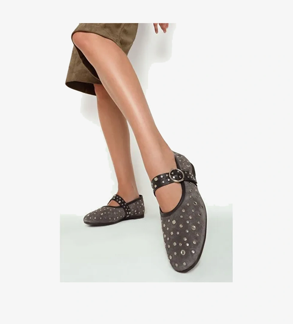 Kadın Antrasit Tokalı Süet Deri Babet 25AFD270810 - Görsel 1