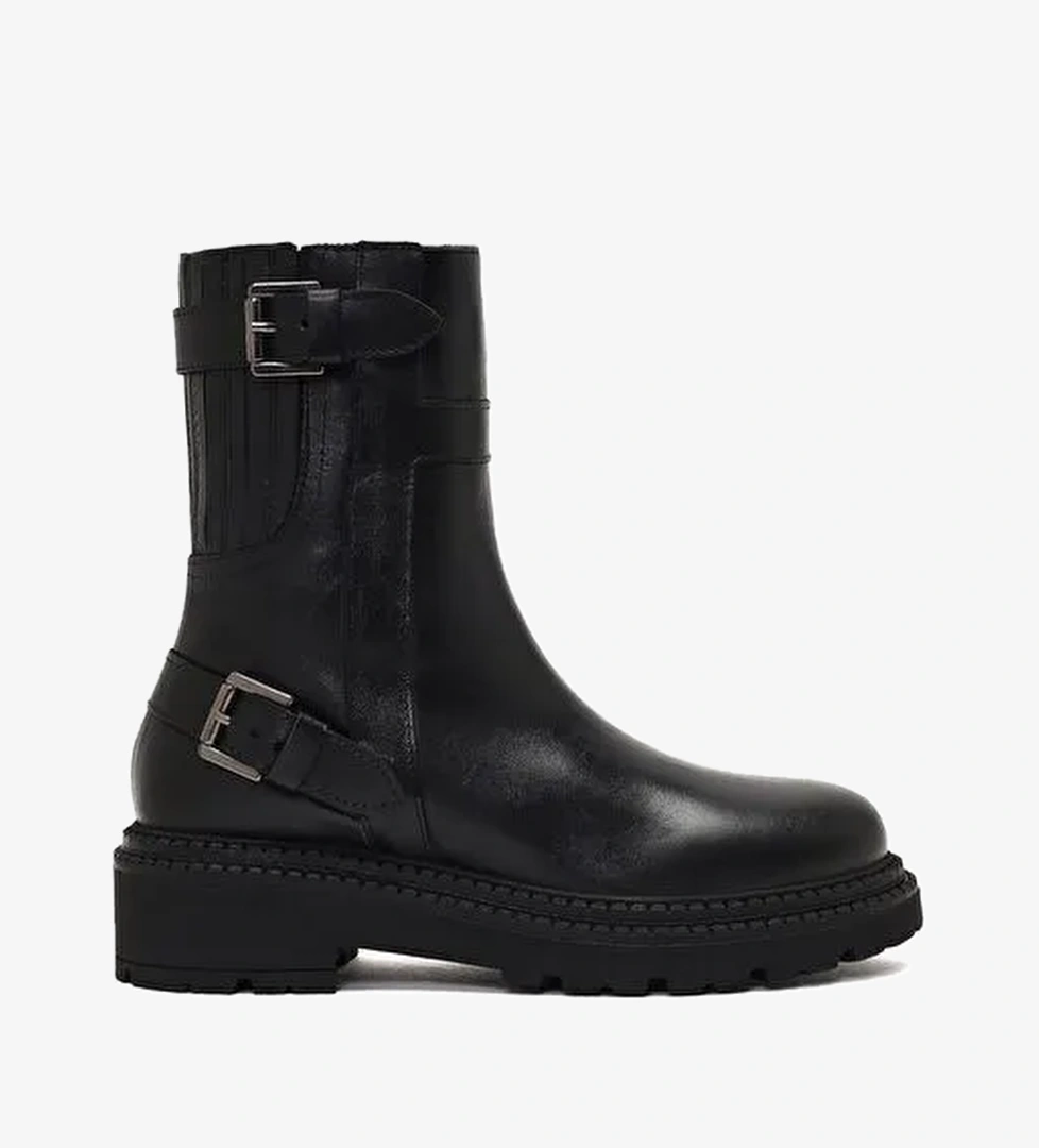 Kadın Siyah Fermuarlı Kalın Tabanlı Deri Bot 25WFD185318