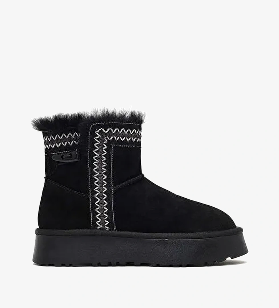 Kadın Siyah Kalın Tabanlı Desenli Süet Deri Teddy Bot 25WFD405410 - Görsel 1